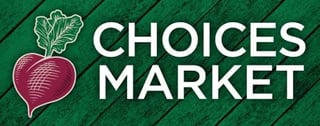 Choices Market logo with red beet illustration on green wooden background