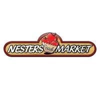 Nesters Market logo featuring red apple and brown banner with white text