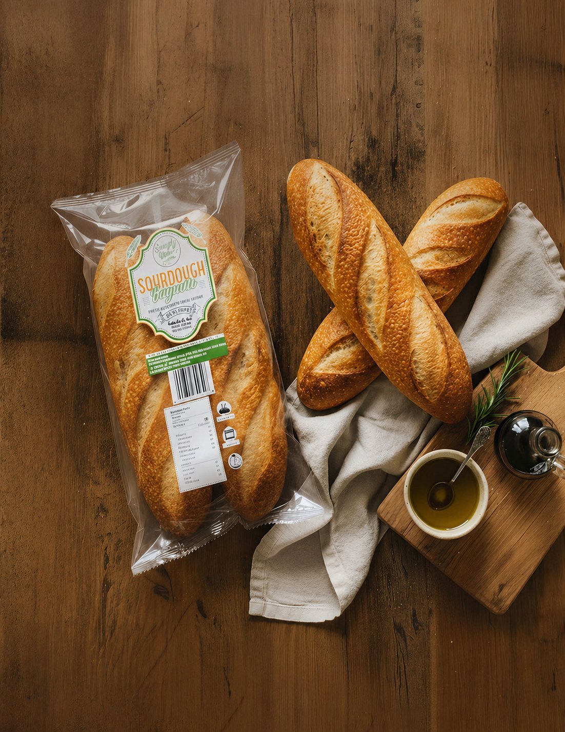 Packaged and fresh baguettes with olive oil on a wooden surface
